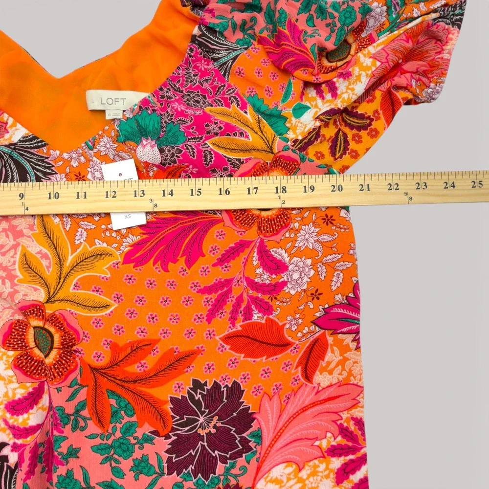 LOFT‎ XS NWT Floral Patchwork Blouse Puff Sleeve Orange Lined Boho Top Tropical